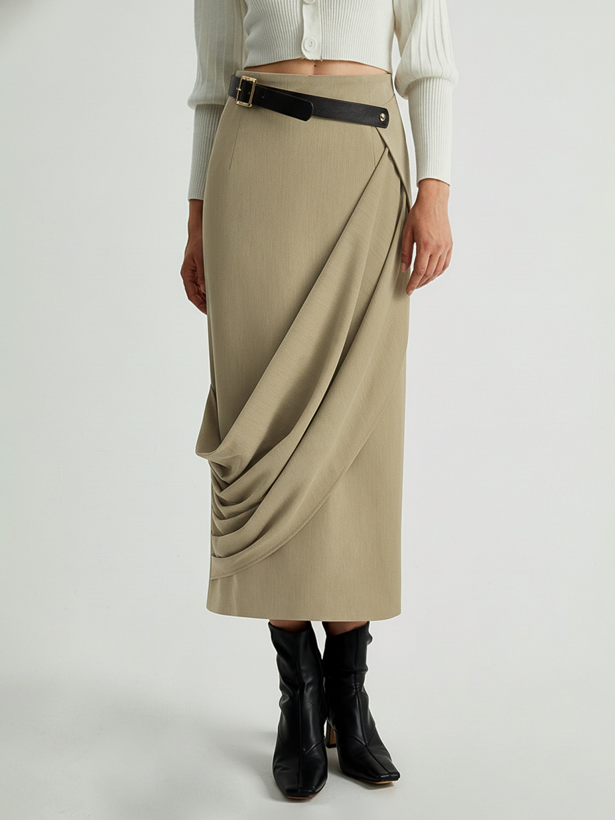 Belted Asymmetrical Drape Skirt