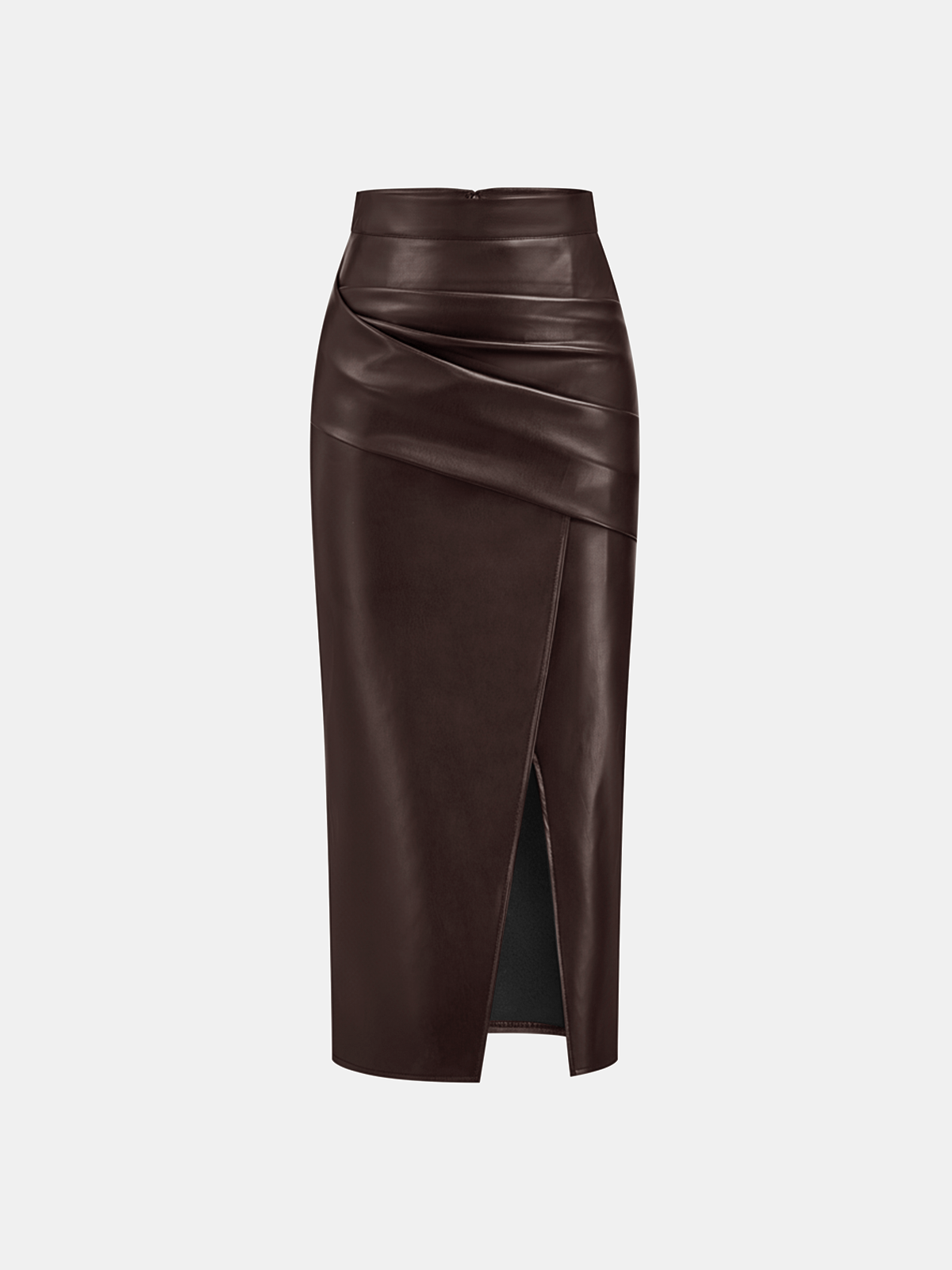 Ruched Slit PU Leather Midi Skirt