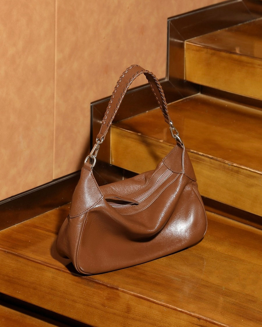Braided-Handle Genuine Saddle Leather Hobo Bag