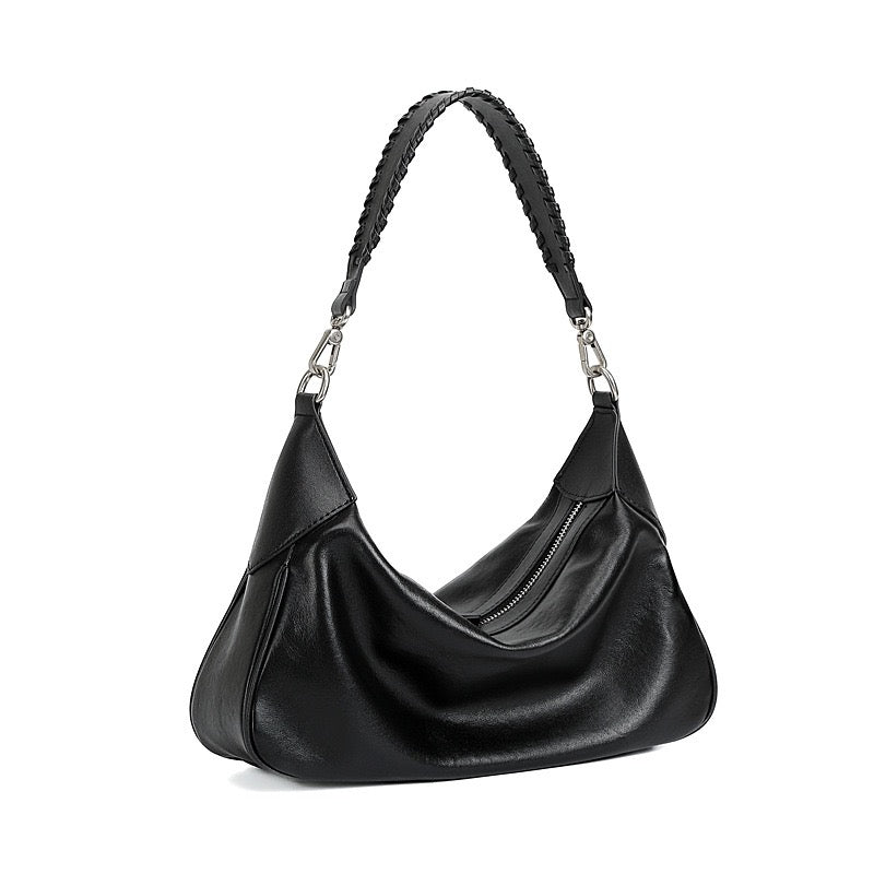 Braided-Handle Genuine Saddle Leather Hobo Bag