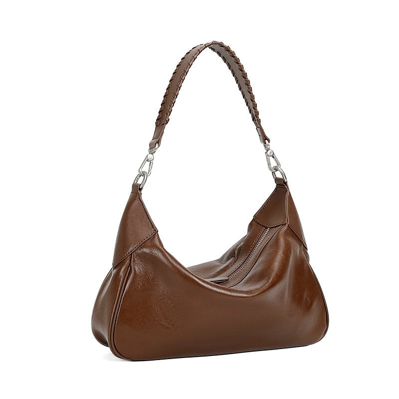 Braided-Handle Genuine Saddle Leather Hobo Bag