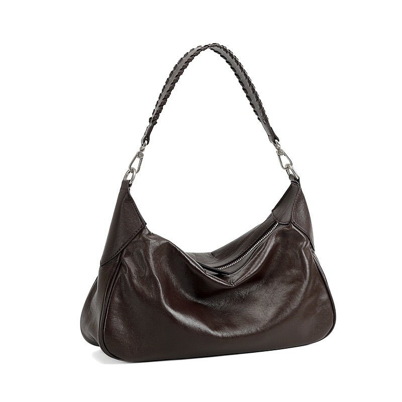 Braided-Handle Genuine Saddle Leather Hobo Bag