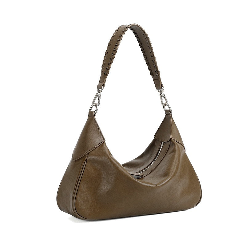 Braided-Handle Genuine Saddle Leather Hobo Bag