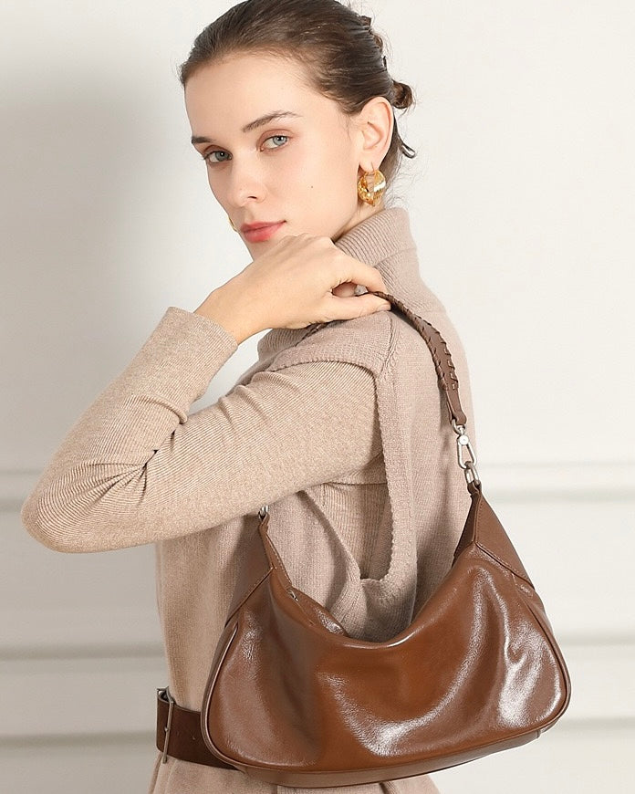 Braided-Handle Genuine Saddle Leather Hobo Bag