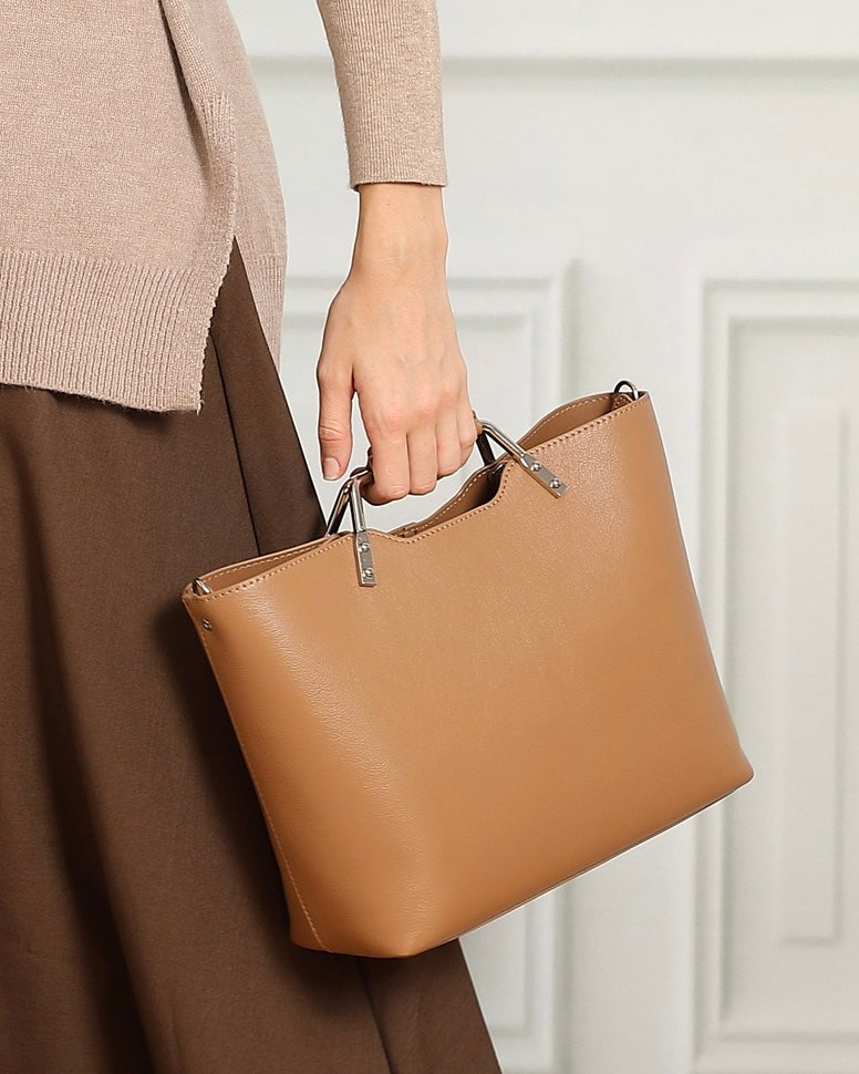 Genuine Leather Arch-Handle Minimalist Commuter Crossbody Bag