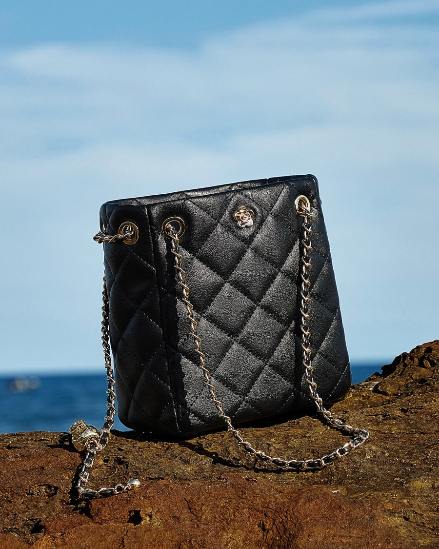 Genuine Leather Quilted Chain-Embellished Crossbody Bag