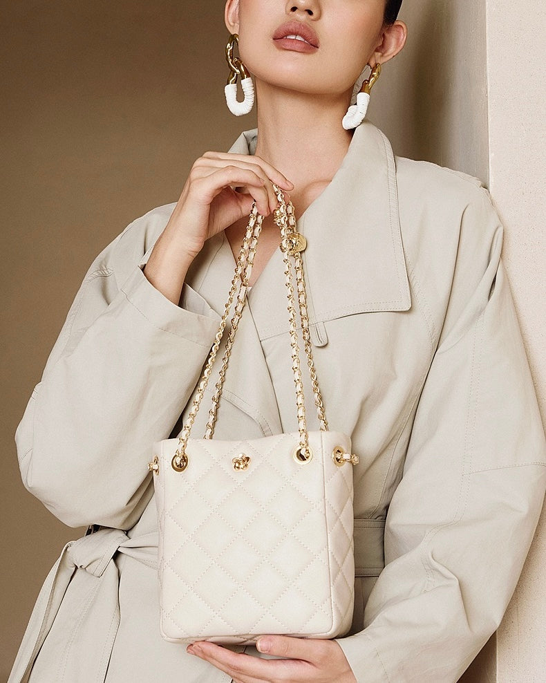 Genuine Leather Quilted Chain-Embellished Crossbody Bag