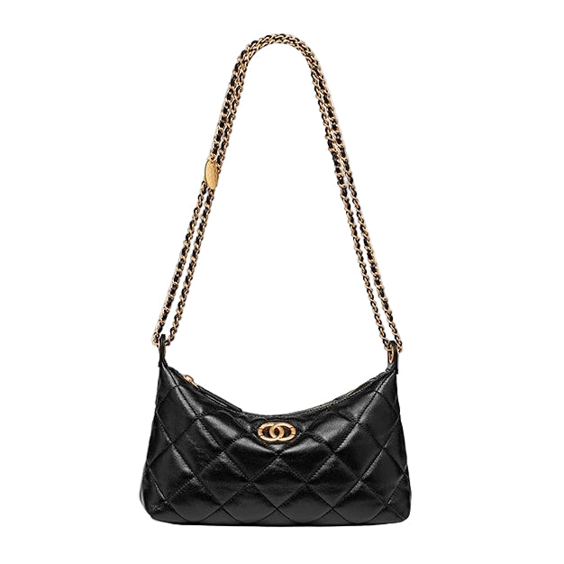 Noir Quilted Sheepskin Dual-Tone Chain Shoulder Bag