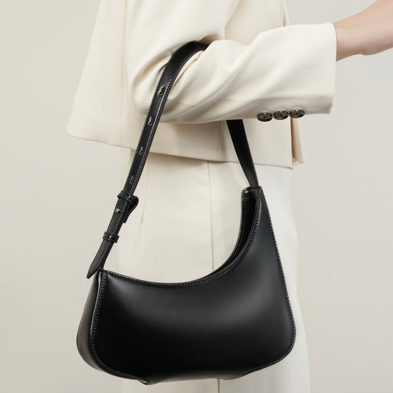 Minimalist Women's Genuine Leather Half Moon Baguette Bag