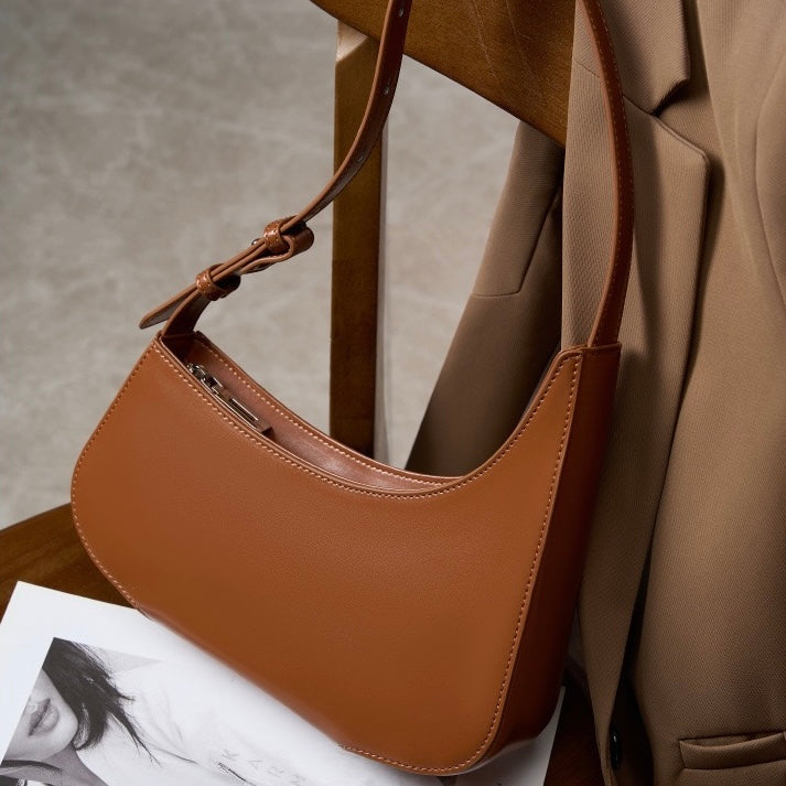 Minimalist Women's Genuine Leather Half Moon Baguette Bag
