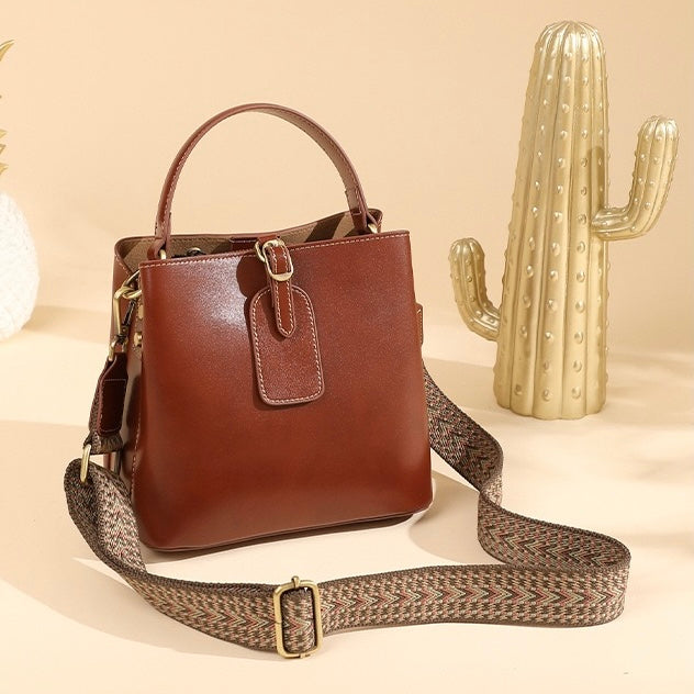 Large Capacity Women's Genuine Leather Bucket Crossbody Handbag