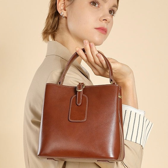 Large Capacity Women's Genuine Leather Bucket Crossbody Handbag