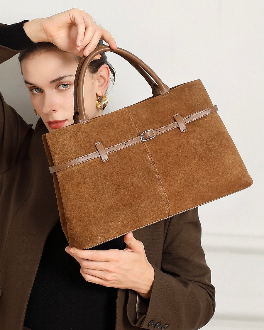 Retro Suede Structured Genuine Leather Tote Bag