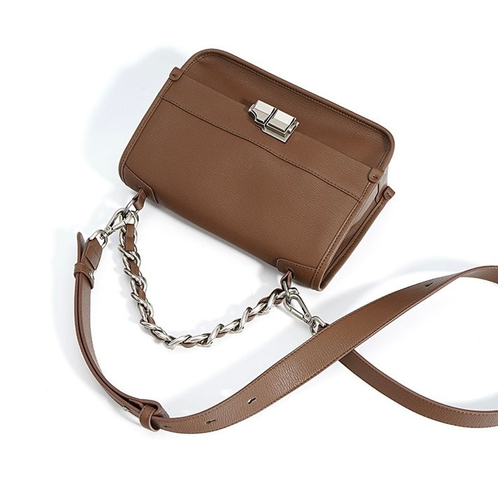 Women’s Genuine Leather Small Square Bag with Double Straps and Single Chain