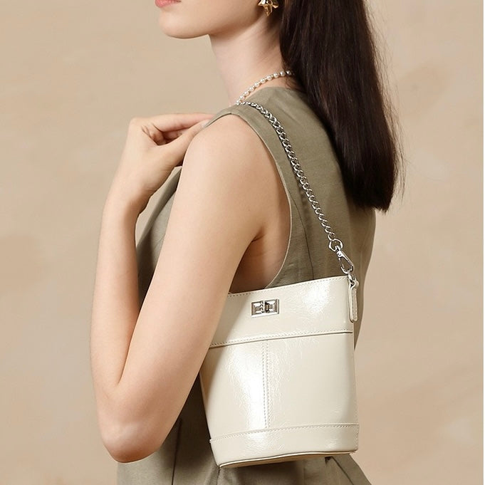 Women's Luxury Waxed Top Grain Leather Bucket Bag