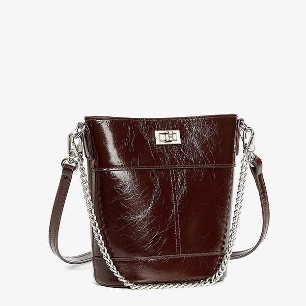 Women's Luxury Waxed Top Grain Leather Bucket Bag