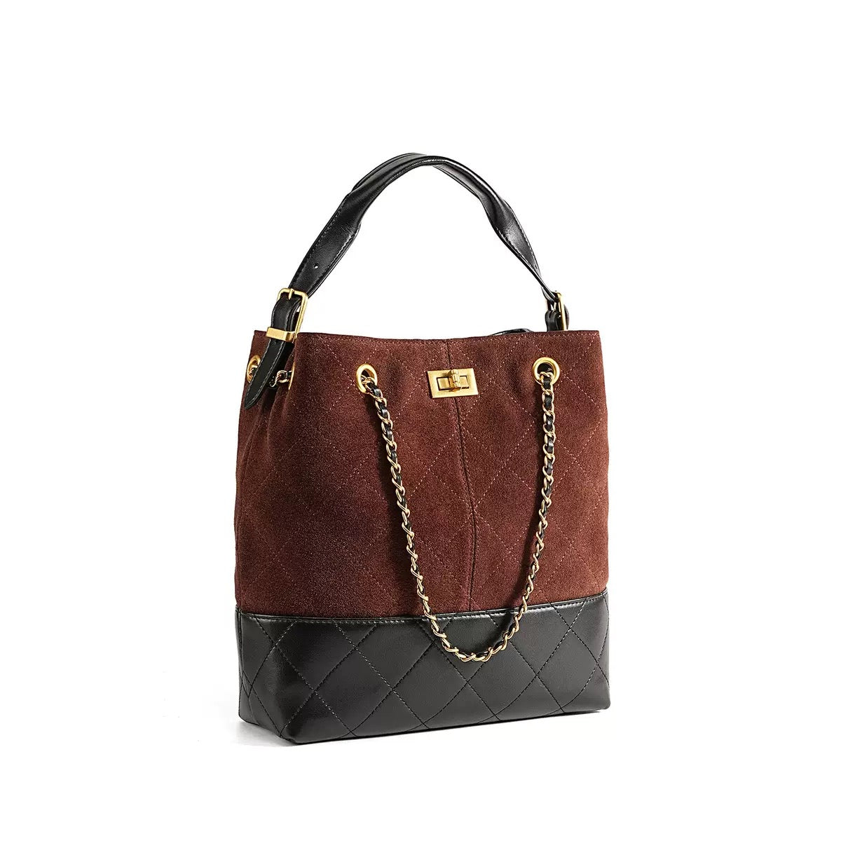 Suede Genuine Leather Color Block Chain Bucket Bag