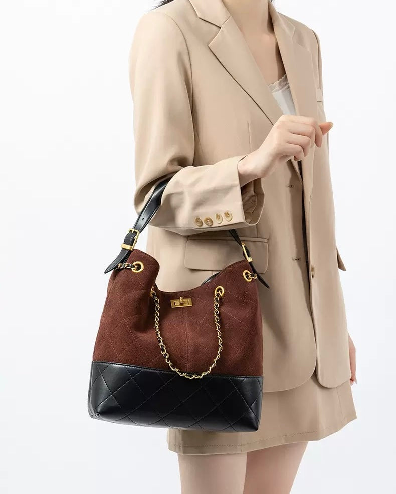 Suede Genuine Leather Color Block Chain Bucket Bag