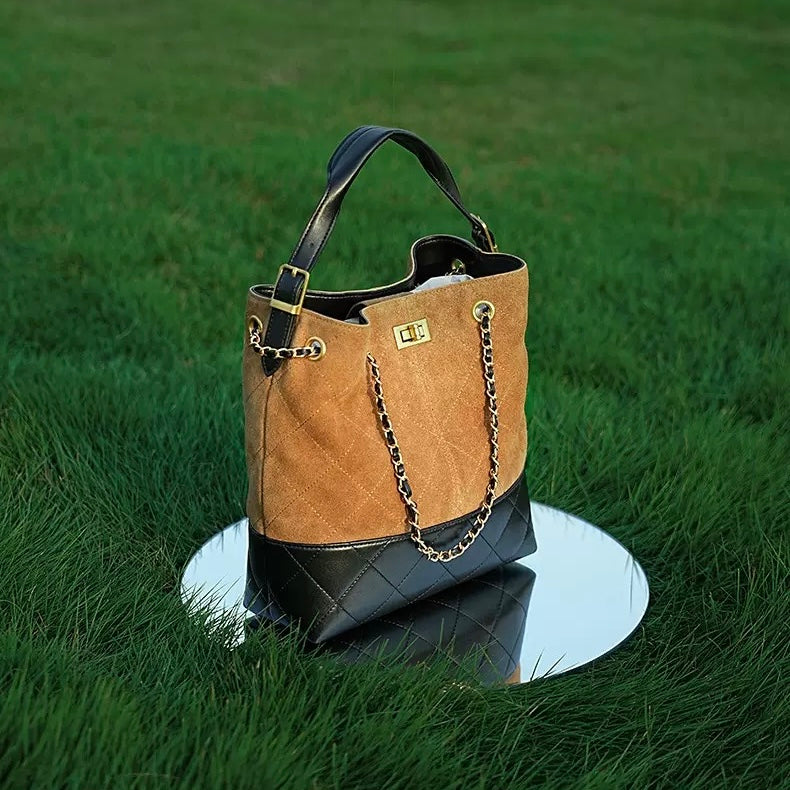 Suede Genuine Leather Color Block Chain Bucket Bag