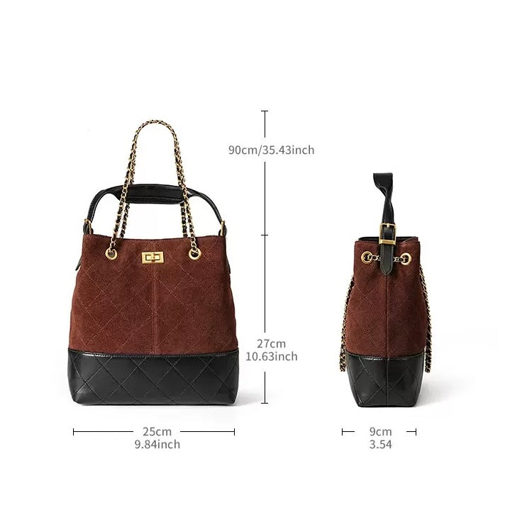 Suede Genuine Leather Color Block Chain Bucket Bag