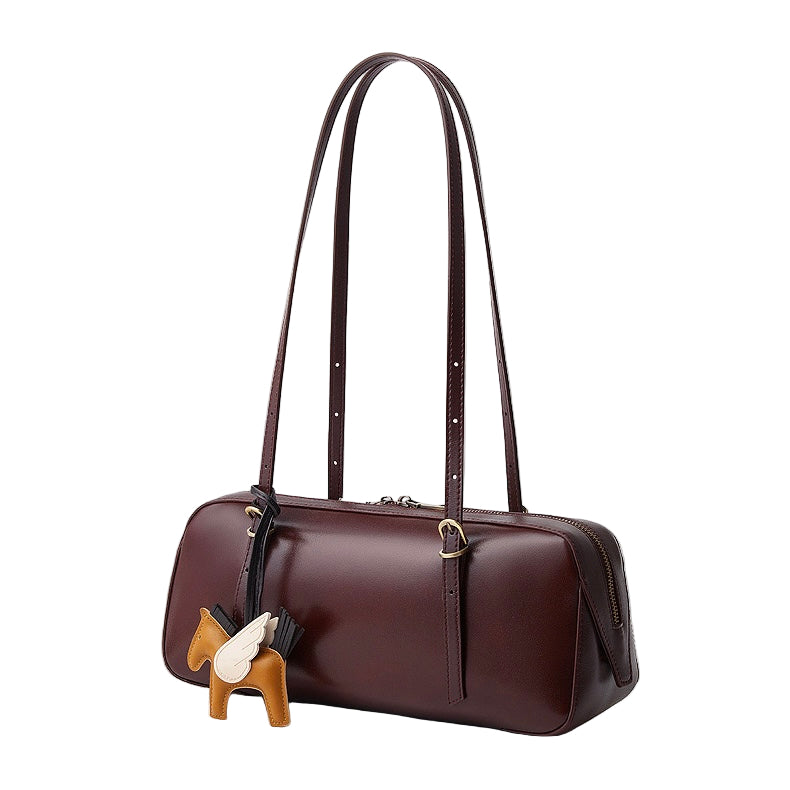 Women's Genuine Leather Retro Bowling Bag with Horse Charm