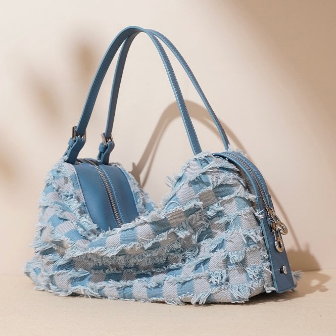 Women’s Genuine Leather Denim Patchwork Shoulder Bag – Vintage Artistic Style