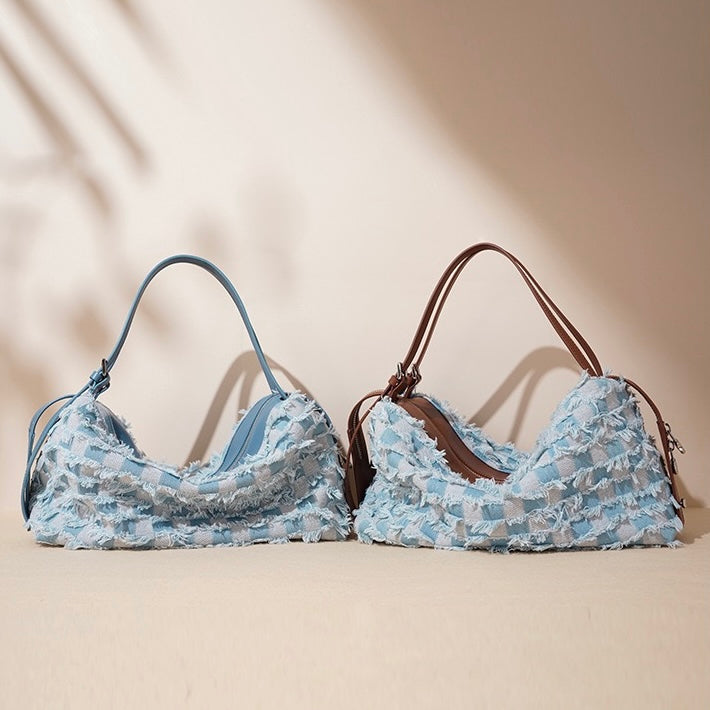 Women’s Genuine Leather Denim Patchwork Shoulder Bag – Vintage Artistic Style