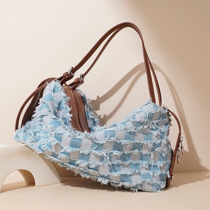 Women’s Genuine Leather Denim Patchwork Shoulder Bag – Vintage Artistic Style