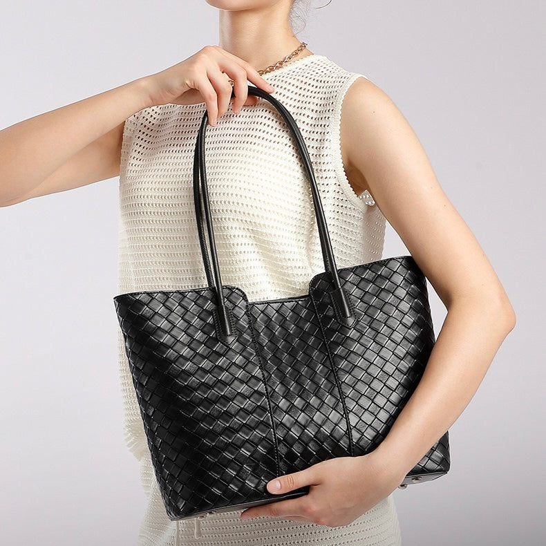 Women's Genuine Leather Large Capacity Woven Tote Bag