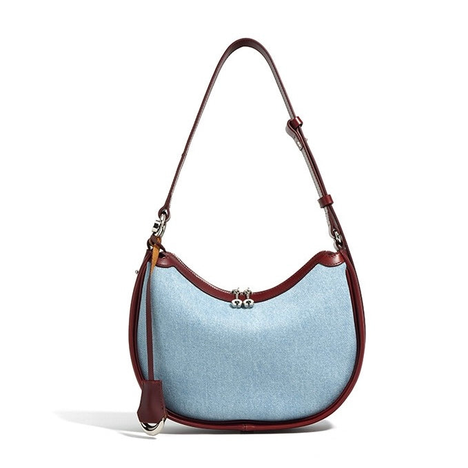 Women’s Genuine Leather & Denim Crescent Shoulder Bag – Spring/Summer Mini Edition
