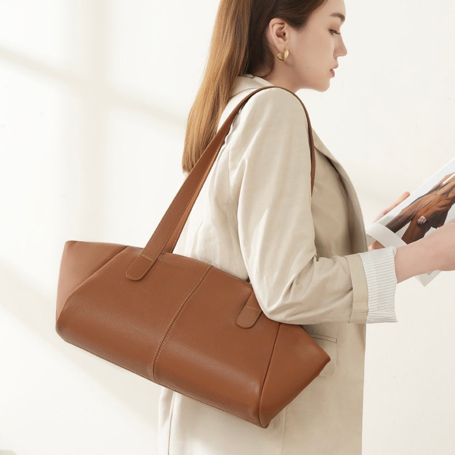 Women’s Genuine Leather Winged Pleated Tote – Minimalist Large Capacity Commuter Bag