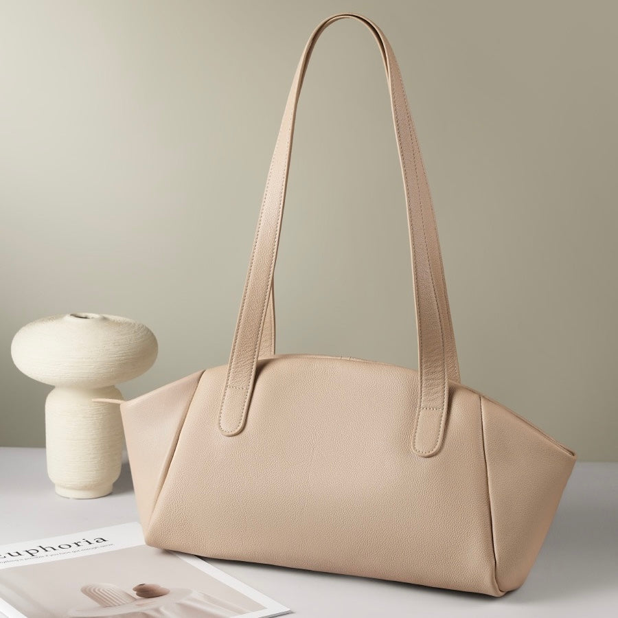 Women’s Genuine Leather Winged Pleated Tote – Minimalist Large Capacity Commuter Bag