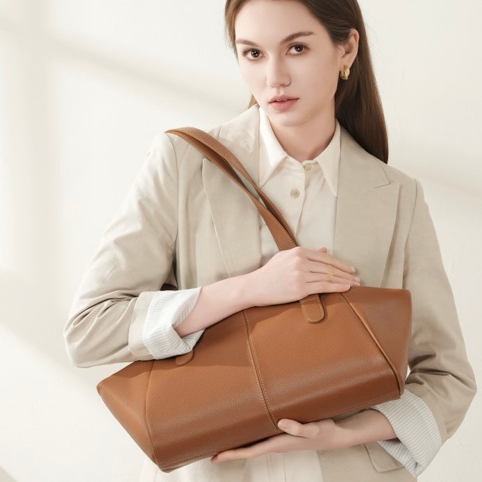 Women’s Genuine Leather Winged Pleated Tote – Minimalist Large Capacity Commuter Bag