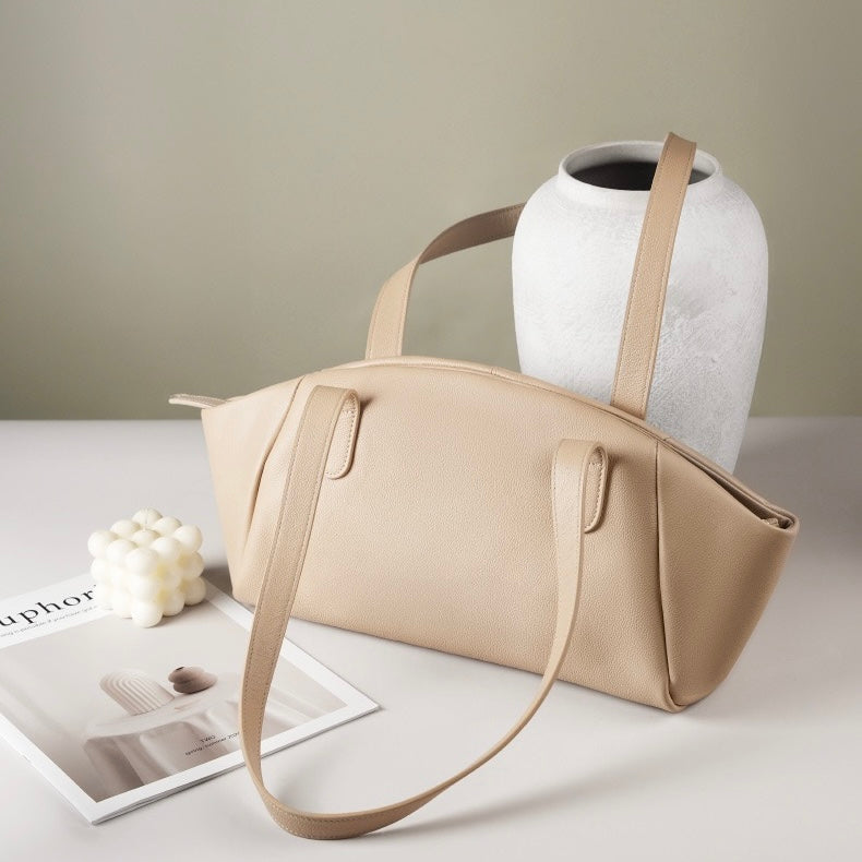 Women’s Genuine Leather Winged Pleated Tote – Minimalist Large Capacity Commuter Bag