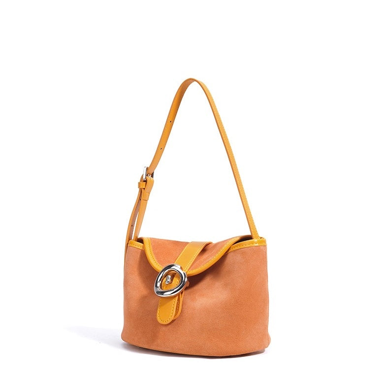 Women’s Matte Genuine Leather Colorblock Handheld Crossbody Bag