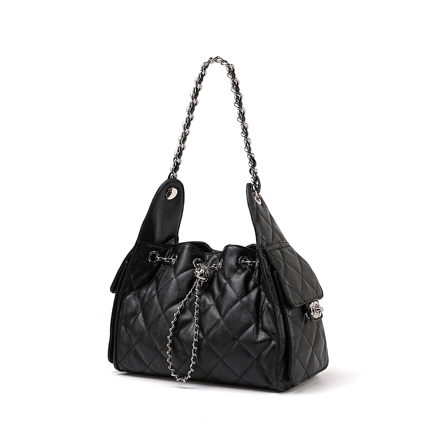 Genuine Leather Caviar Pattern Large Capacity Bucket Shoulder Bag