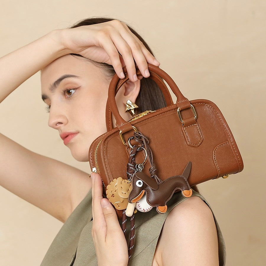 Women's Genuine Leather Boston Crossbody Bag with Dachshund Pendant