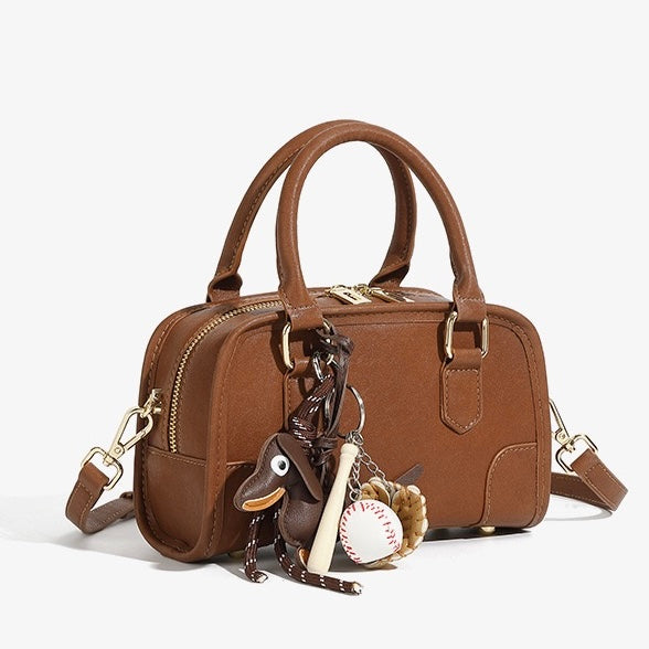 Women's Genuine Leather Boston Crossbody Bag with Dachshund Pendant