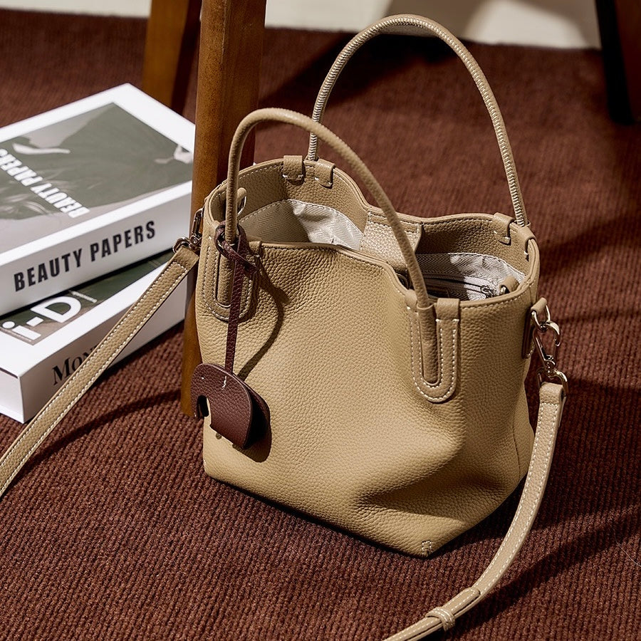 Women's Genuine Leather Bucket Bag with Little Elephant Pendant
