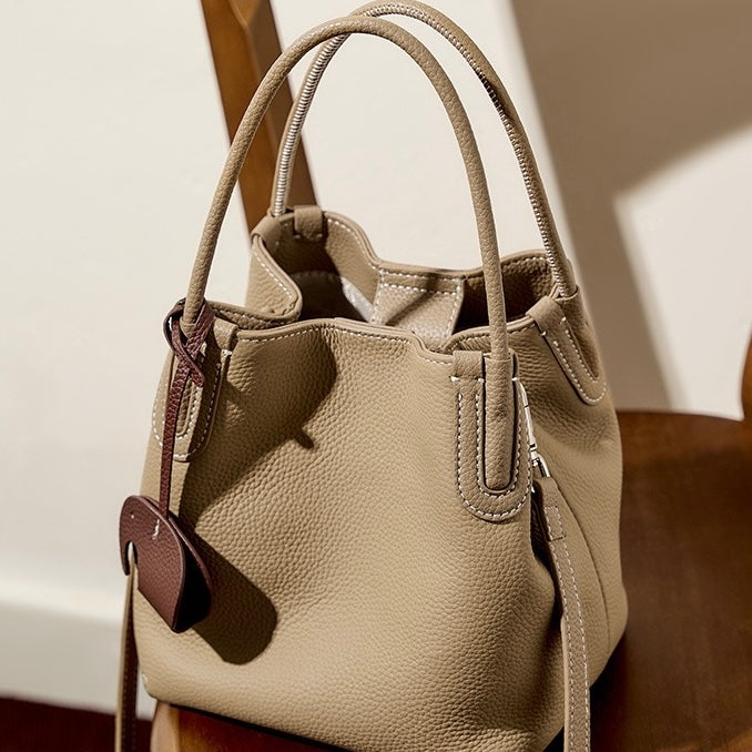 Women's Genuine Leather Bucket Bag with Little Elephant Pendant