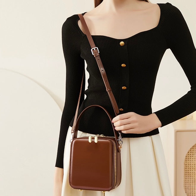 Stylish Genuine Leather Boxy Handheld Crossbody Bag for Women