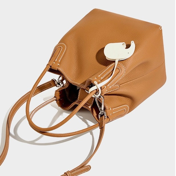 Women's Genuine Leather Bucket Bag with Little Elephant Pendant
