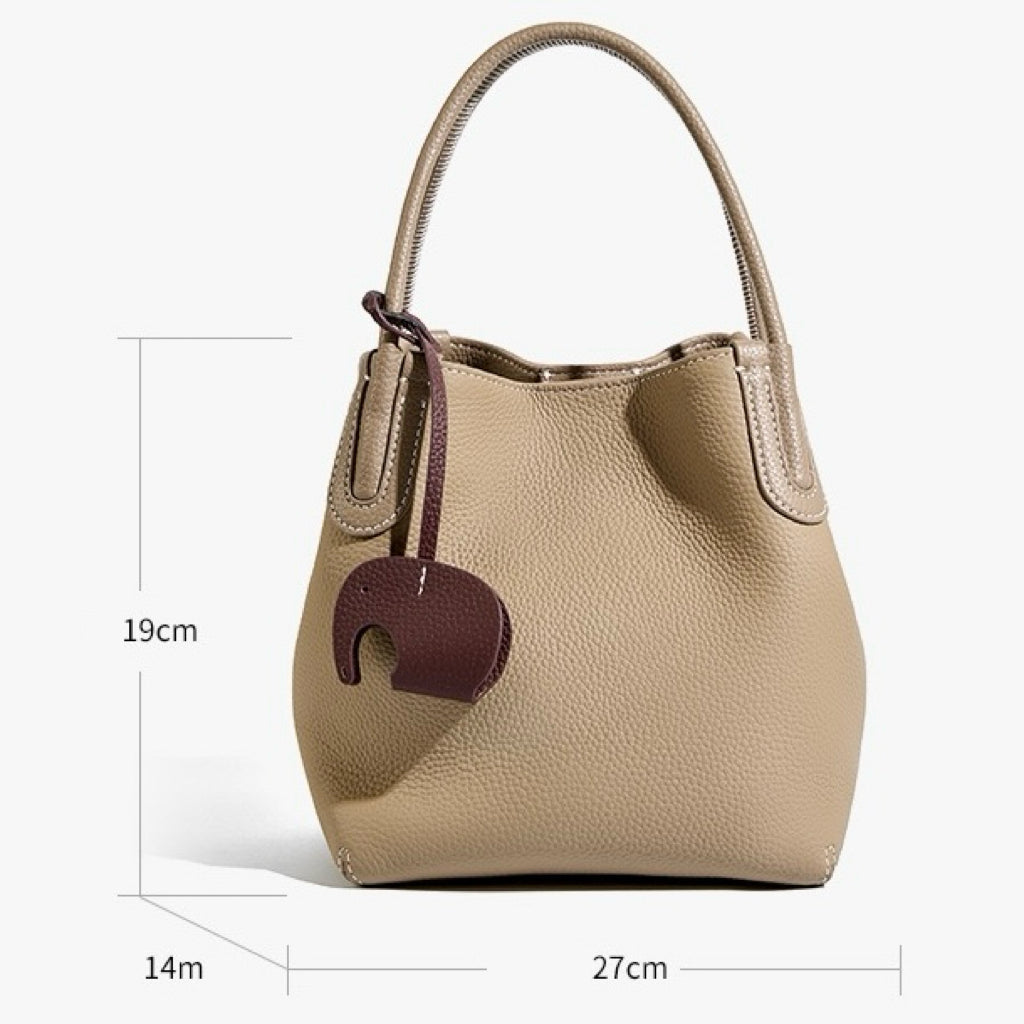Women's Genuine Leather Bucket Bag with Little Elephant Pendant
