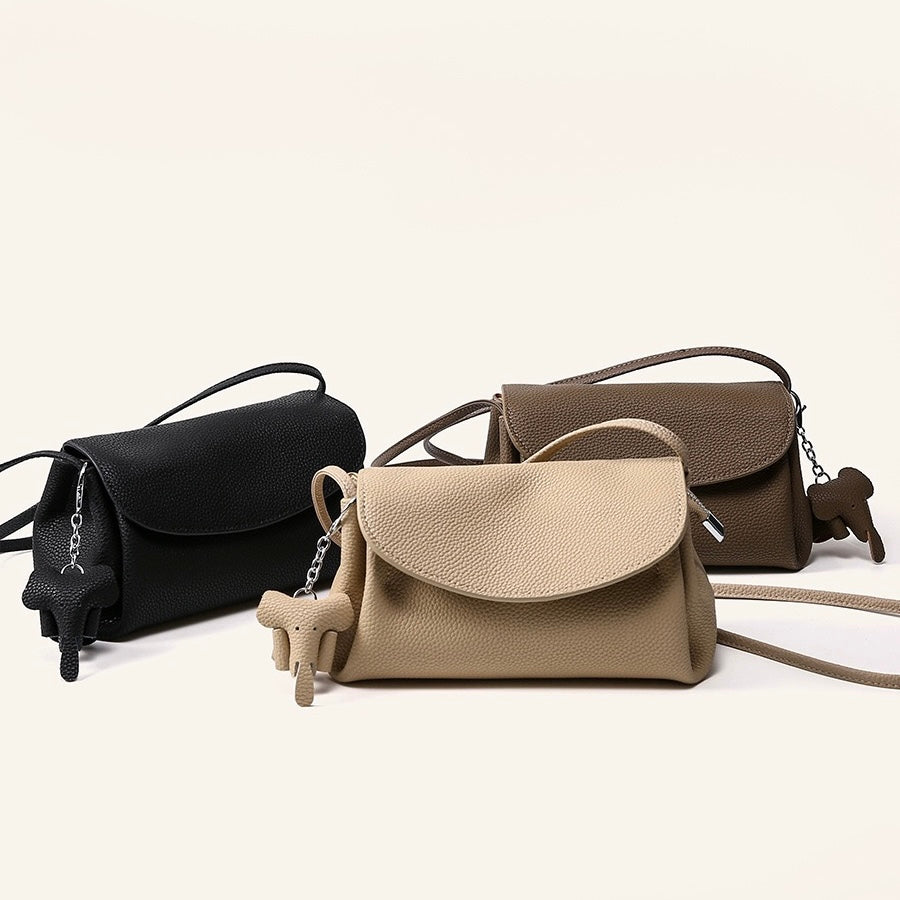 Exquisite Genuine Leather Crossbody Bag with Mini Elephant Pendant