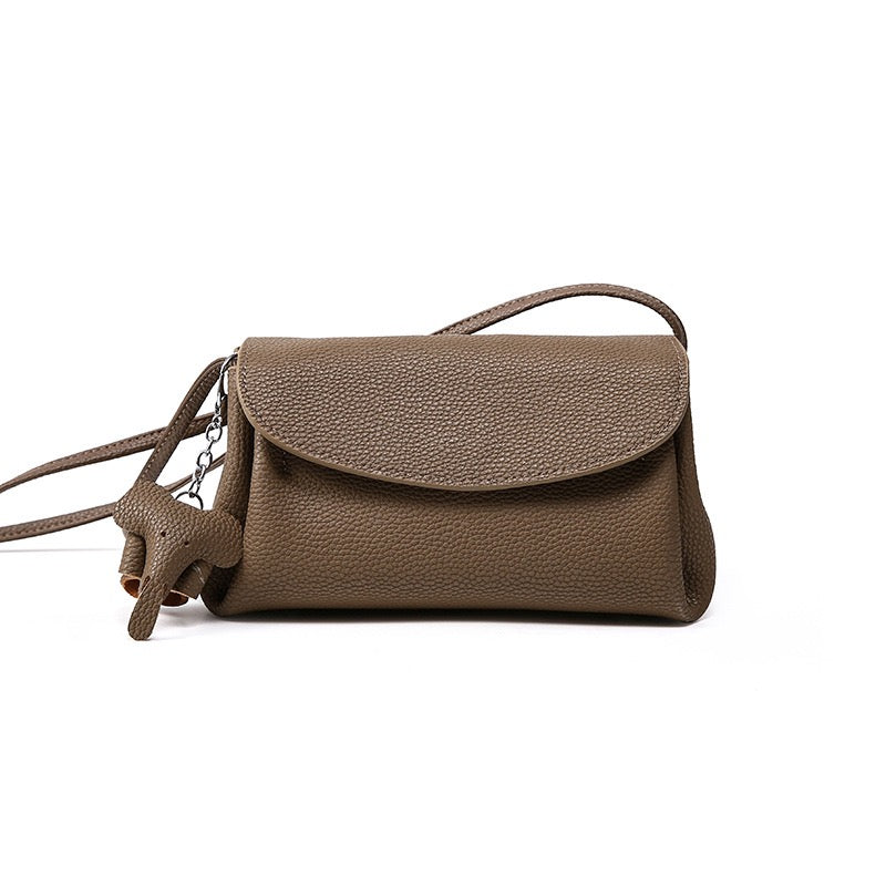Exquisite Genuine Leather Crossbody Bag with Mini Elephant Pendant