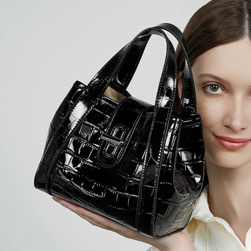 Croc-Embossed Leather Buckle Top-Handle Bucket Bag