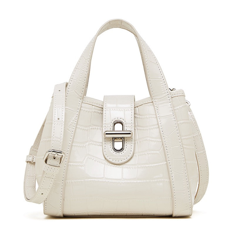 Croc-Embossed Leather Buckle Top-Handle Bucket Bag
