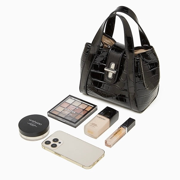 Croc-Embossed Leather Buckle Top-Handle Bucket Bag