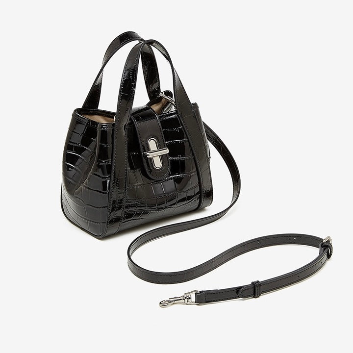 Croc-Embossed Leather Buckle Top-Handle Bucket Bag