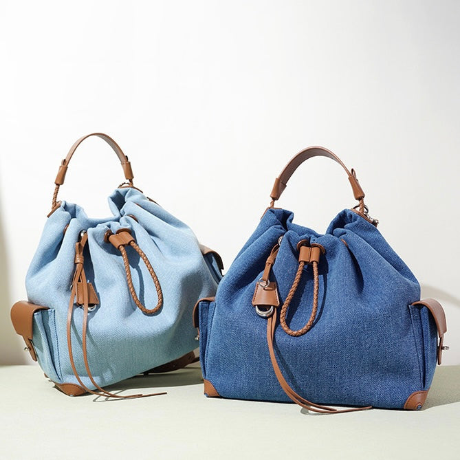 Women's Genuine Leather Denim Patchwork Cool Travel Backpack